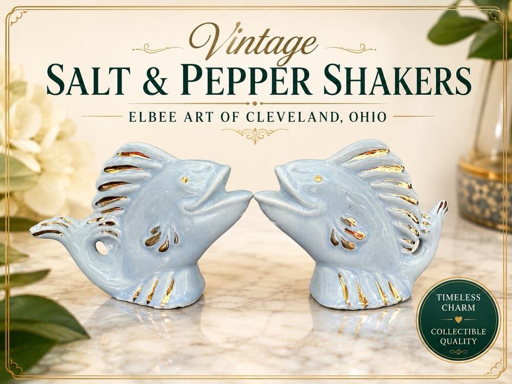 Vintage Salt Pepper Shaker Blue Gold Fish Elbee Art Kitchen Collectible